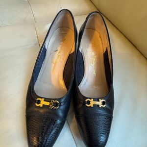 Salvatore Ferragamo Black Leather Low Heel Pumps | Vintage